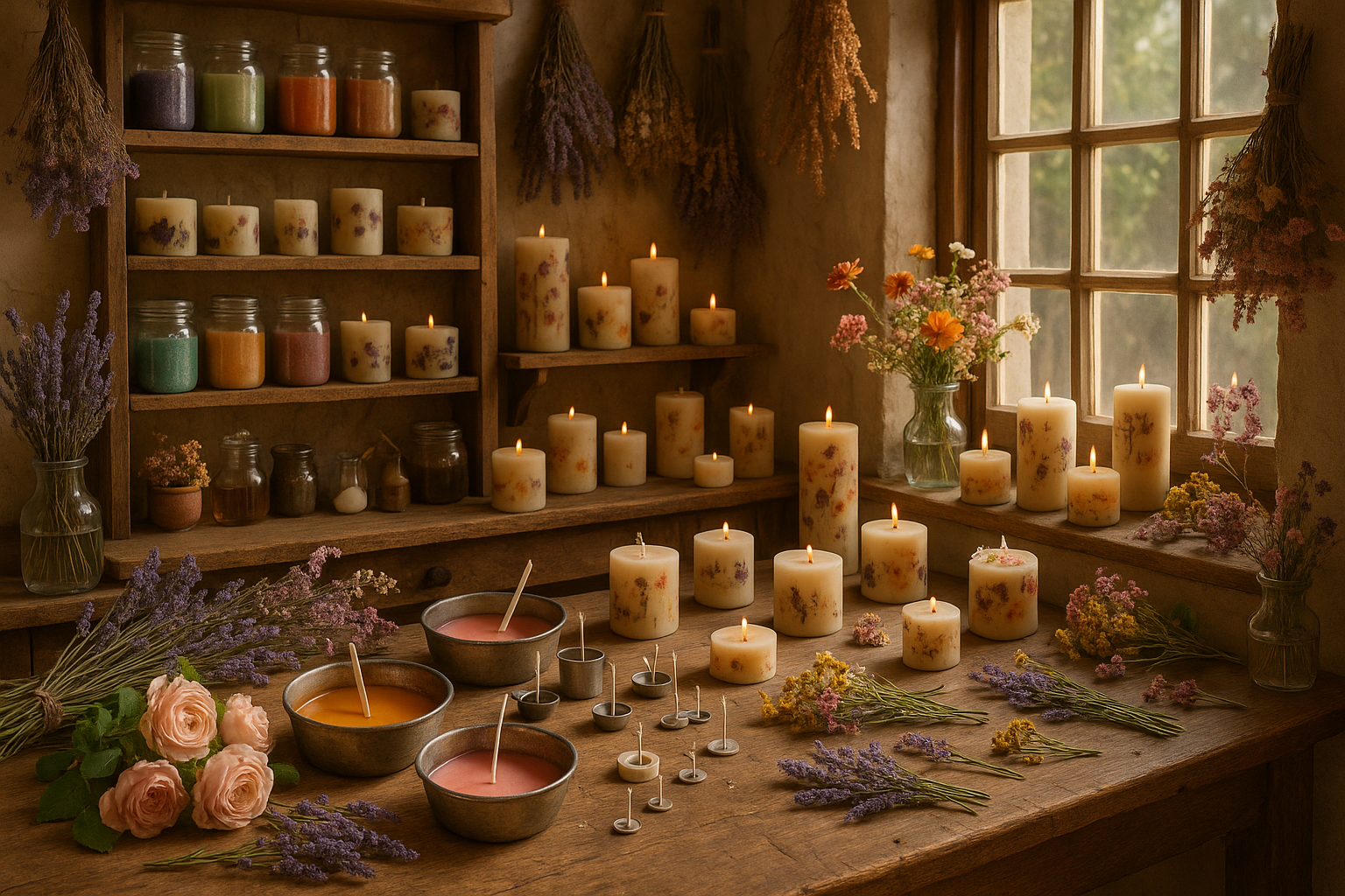 atelier de bougie artisanale avec des fleurs